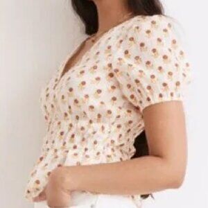 Madewell Sophia Gauzy Textured Floral Short Sleeve Blouse XL Cream Peplum